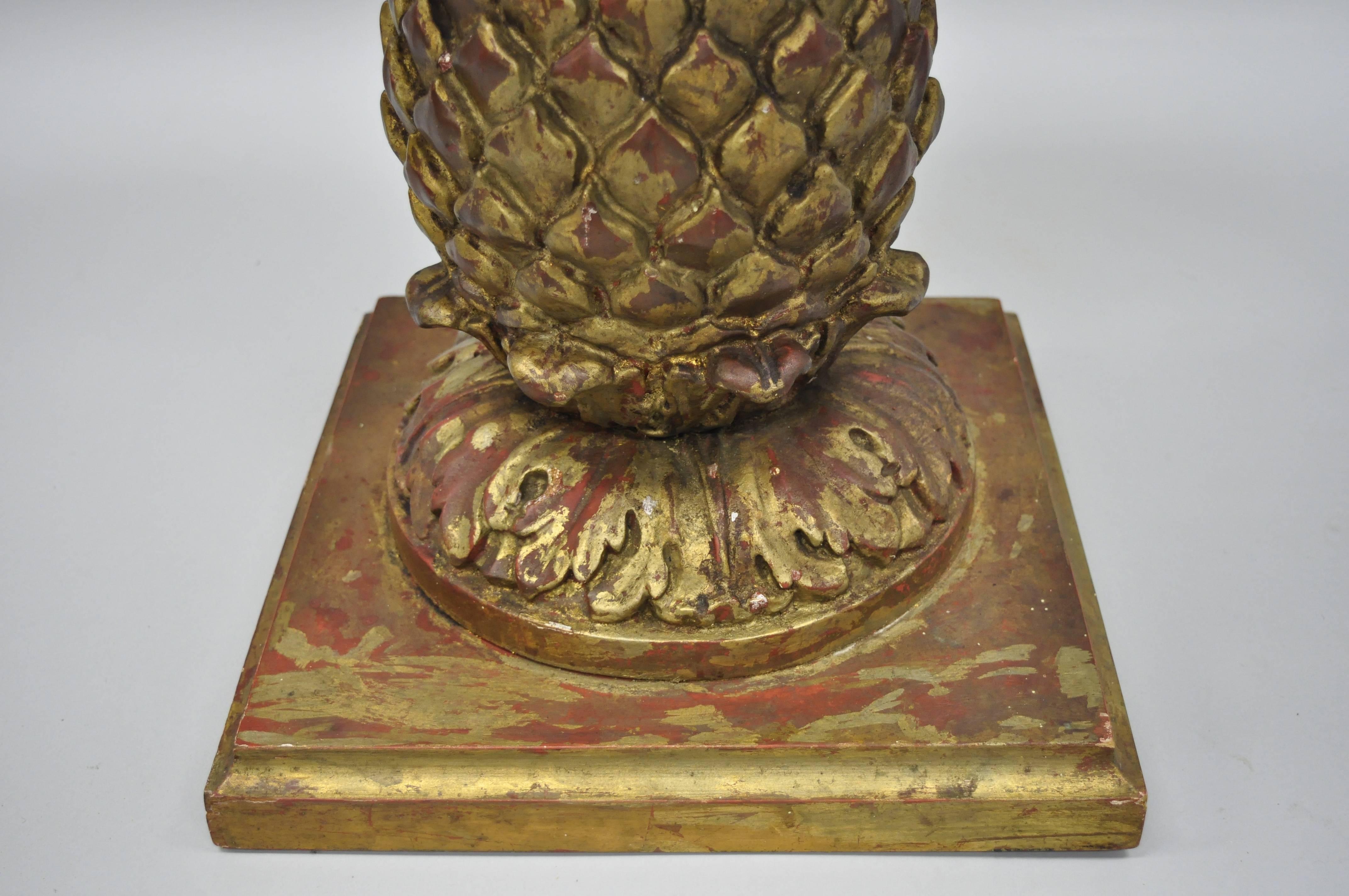 Italian Hollywood Regency Giltwood Carved Pineapple Travertine Top Side Table 1