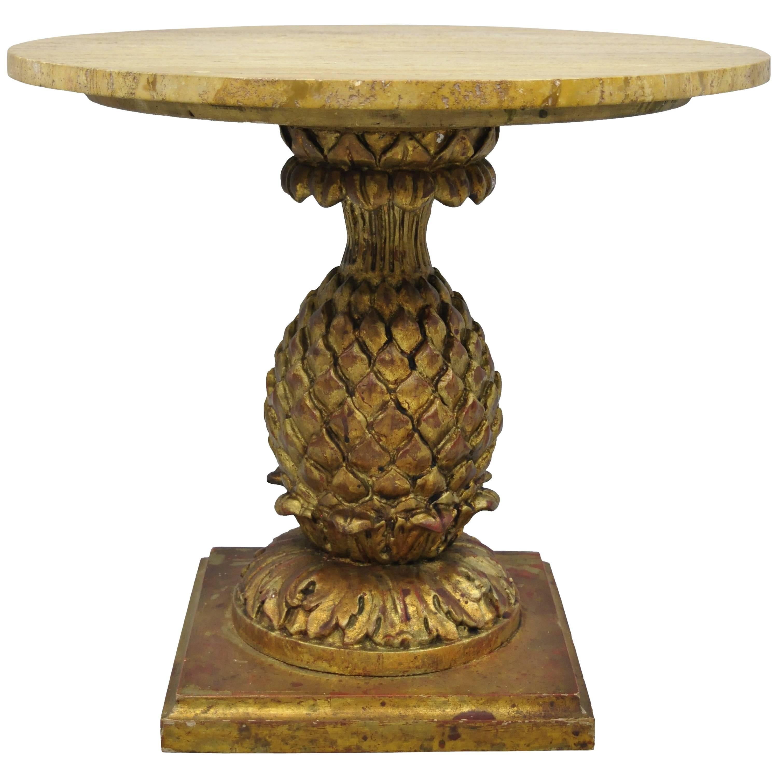 Italian Hollywood Regency Giltwood Carved Pineapple Travertine Top Side Table