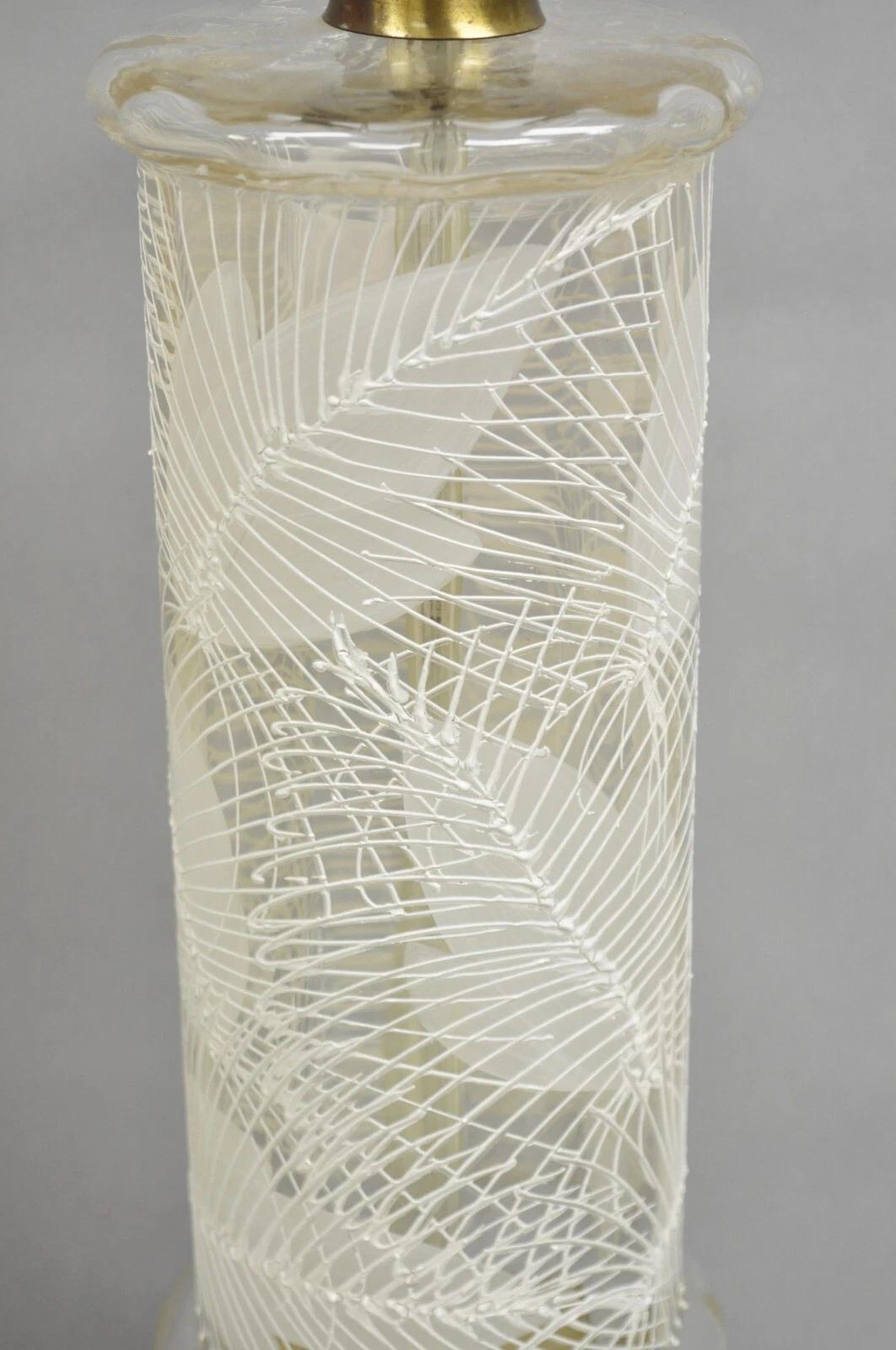 Italian Hollywood Regency Glass Cylinder Palm Leaf Painted Table Lamp - a Pair For Sale 6