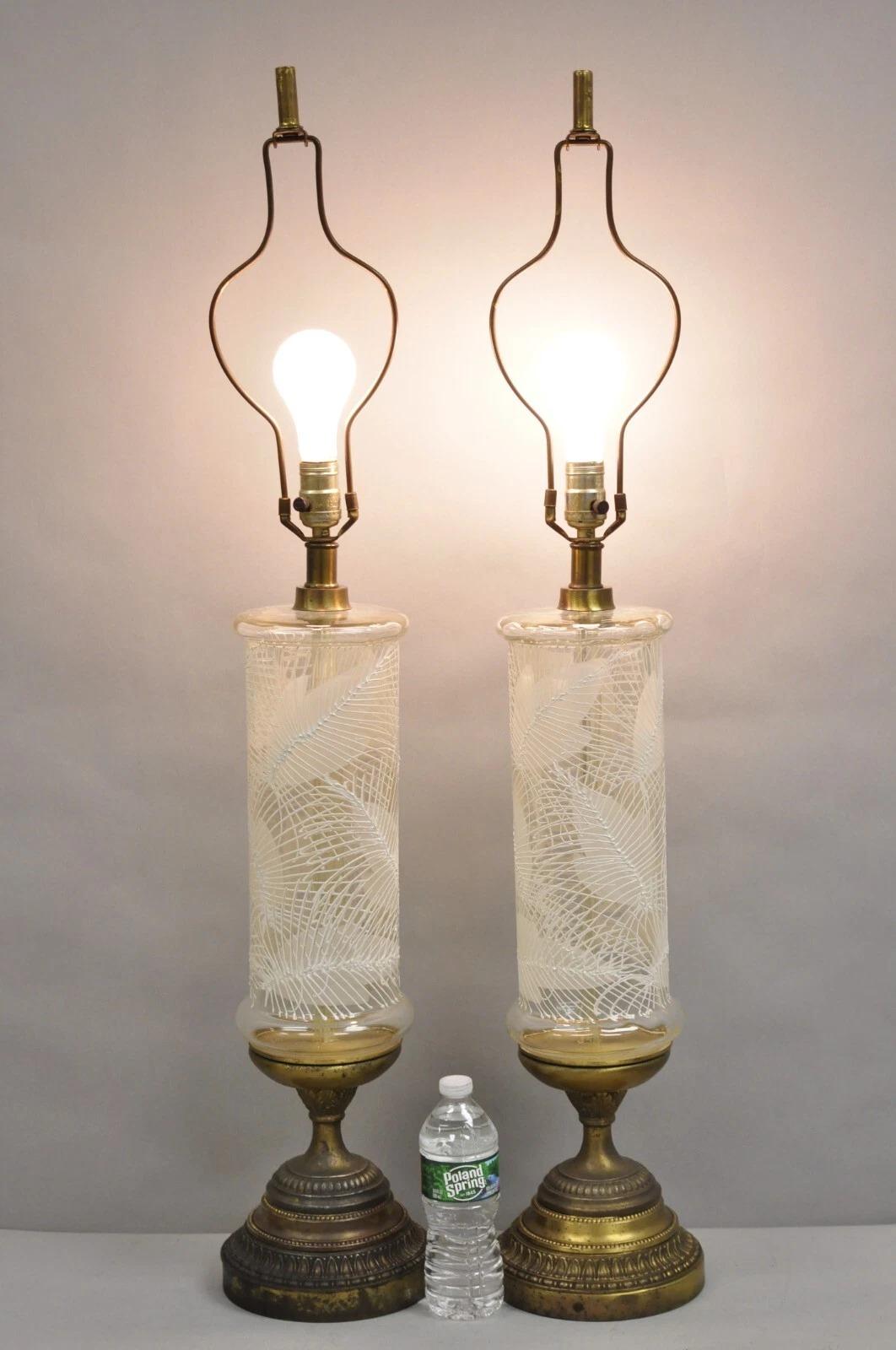 Vintage Italian Hollywood Regency Glass Cylinder Palm Leaf Painted Table Lamp - a Pair. Circa Mid 20th Century. Measurements: 40.5
