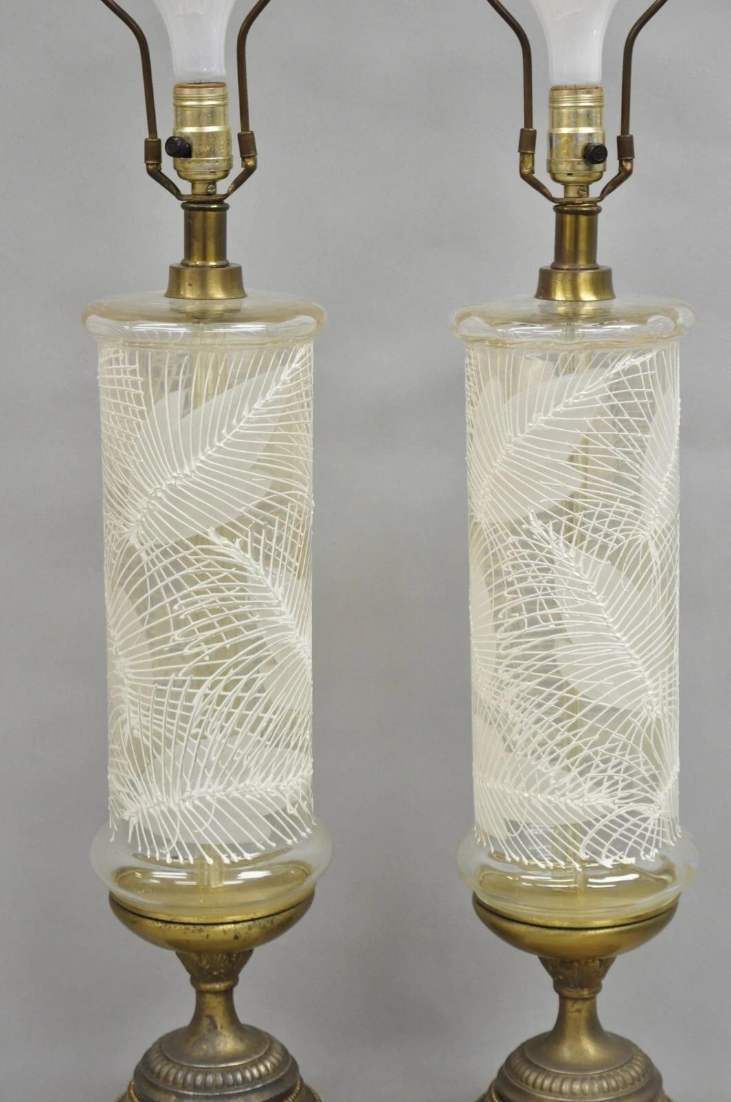 Unknown Italian Hollywood Regency Glass Cylinder Palm Leaf Painted Table Lamp - a Pair For Sale