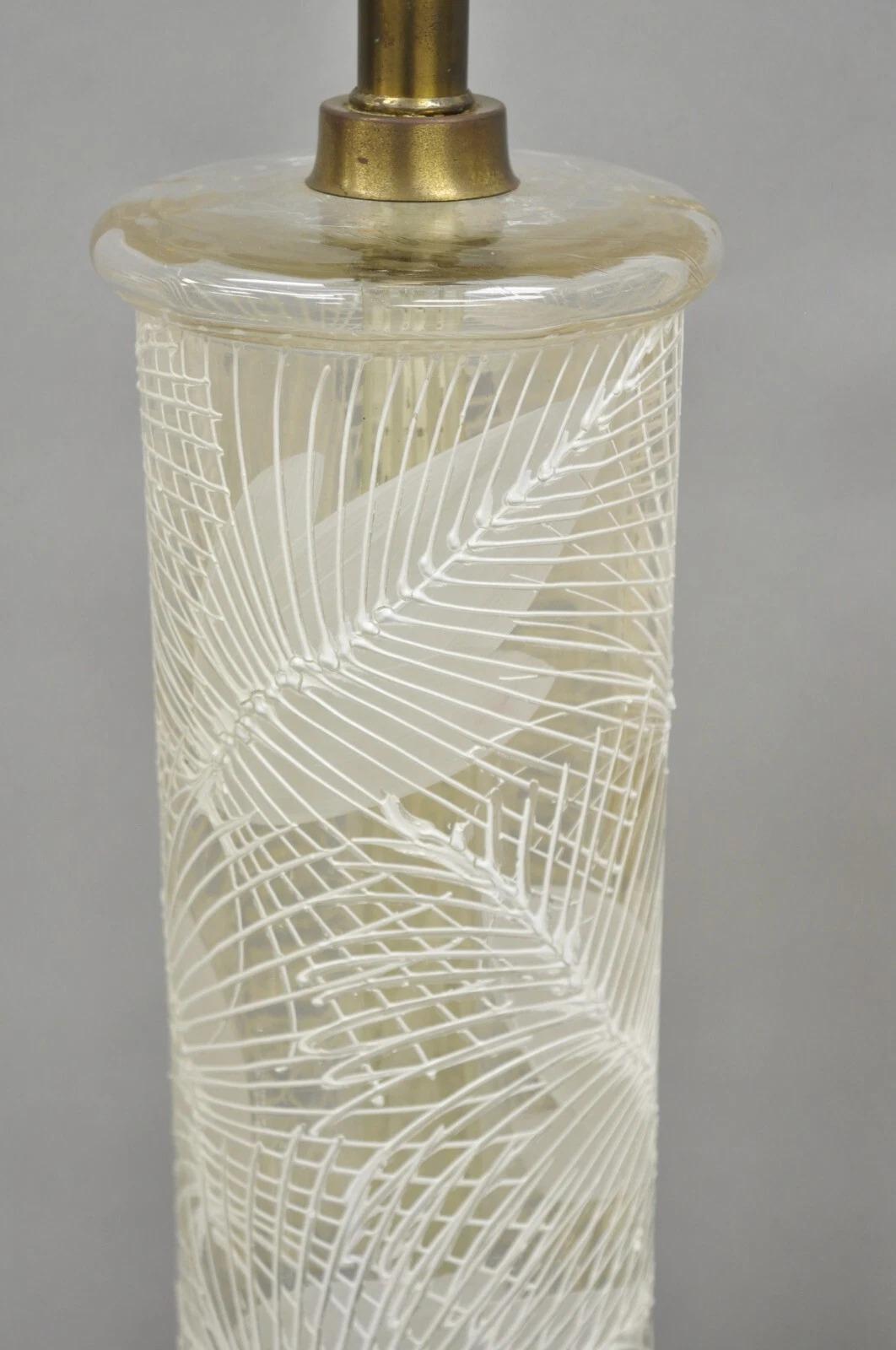 Italian Hollywood Regency Glass Cylinder Palm Leaf Painted Table Lamp - a Pair In Good Condition For Sale In Philadelphia, PA
