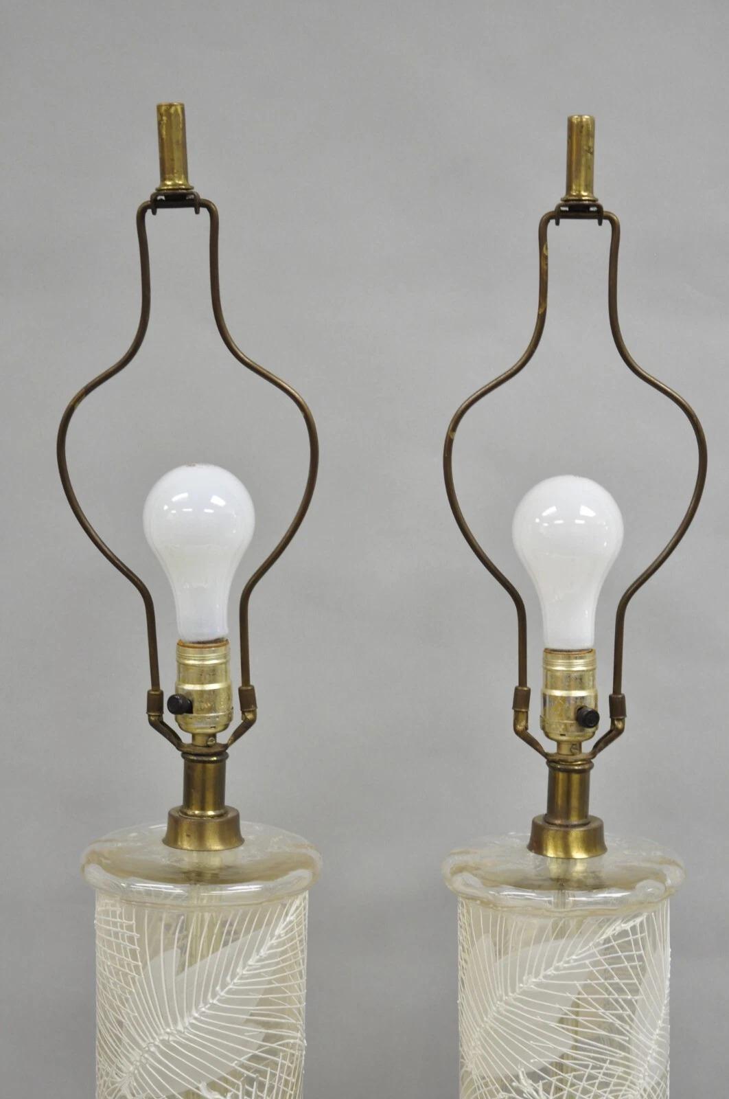 20th Century Italian Hollywood Regency Glass Cylinder Palm Leaf Painted Table Lamp - a Pair For Sale