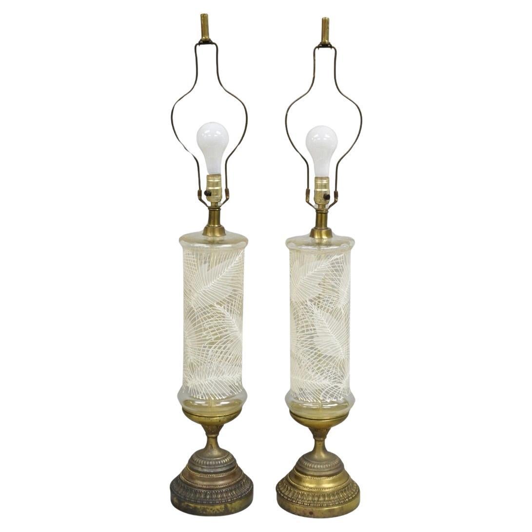 Italian Hollywood Regency Glass Cylinder Palm Leaf Painted Table Lamp - a Pair