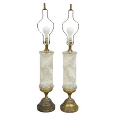 Lampada da tavolo italiana Hollywood Regency a cilindro con foglie di palma dipinte - una coppia