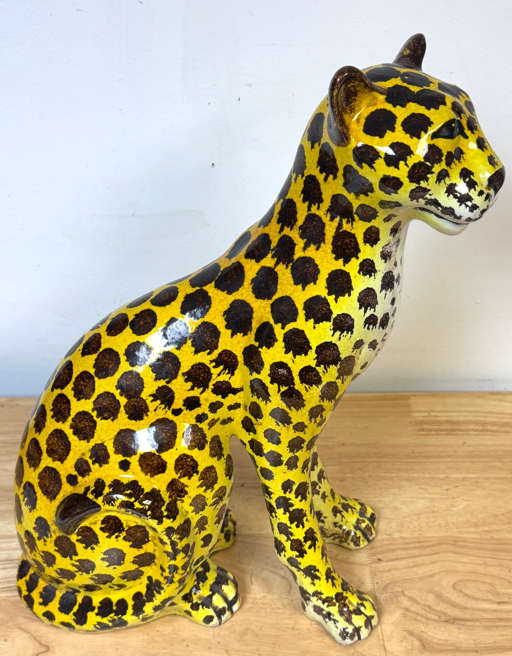 Enameled Italian Hollywood Regency Glazed Terracotta Leopard Cub, 1960s For Sale