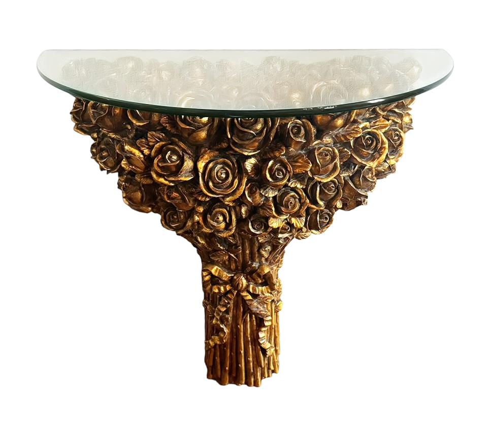 Late 20th Century Italian Hollywood Regency Gold Floral Wall Mounted Console Table or Shelf