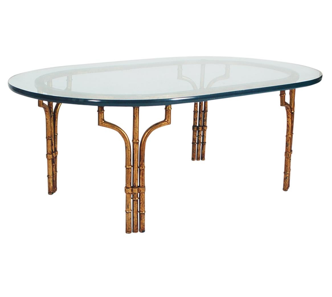 Italian Hollywood Regency Gold Gilt Faux Bamboo & Glass Oval Cocktail Table In Good Condition In Philadelphia, PA