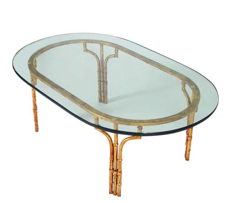 Italian Hollywood Regency Gold Gilt Faux Bamboo & Glass Oval Cocktail Table In Good Condition For Sale In Philadelphia, PA