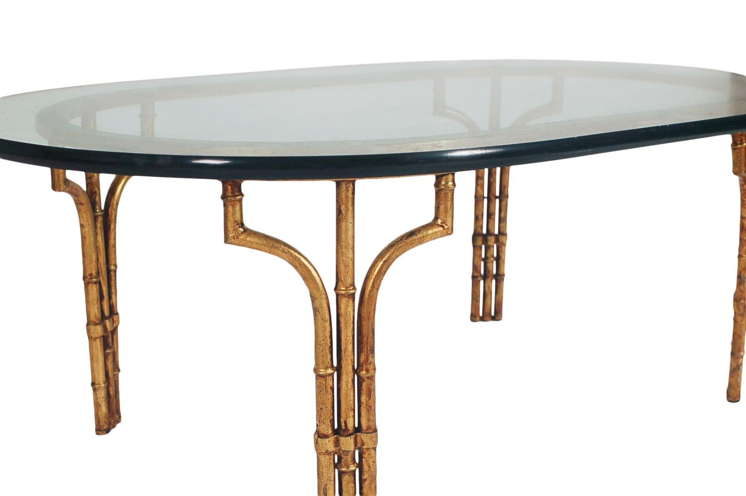 Steel Italian Hollywood Regency Gold Gilt Faux Bamboo & Glass Oval Cocktail Table