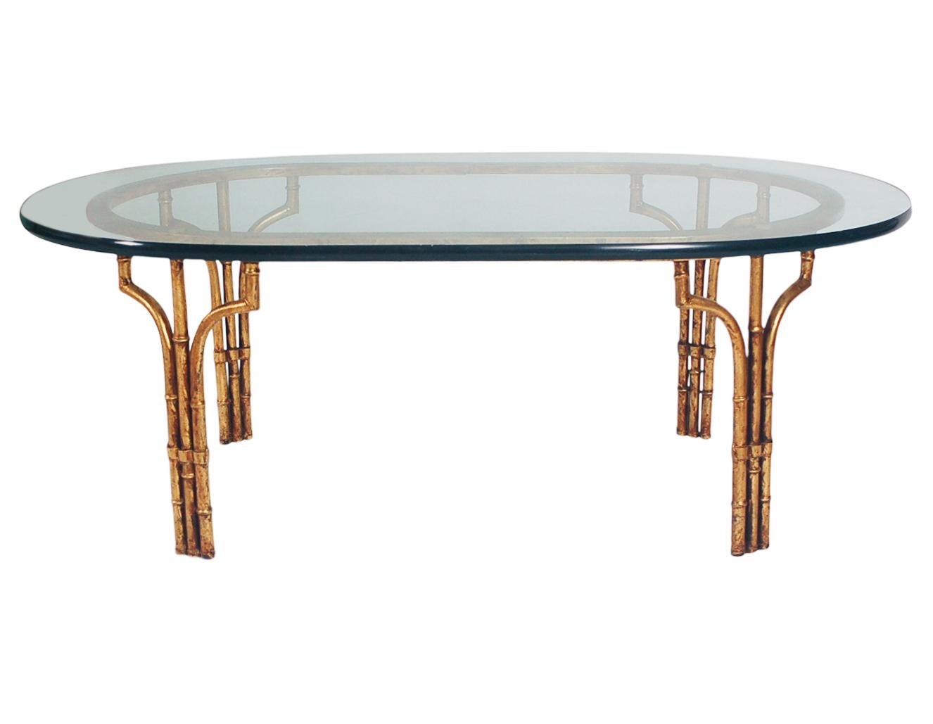 Italian Hollywood Regency Gold Gilt Faux Bamboo & Glass Oval Cocktail Table 1