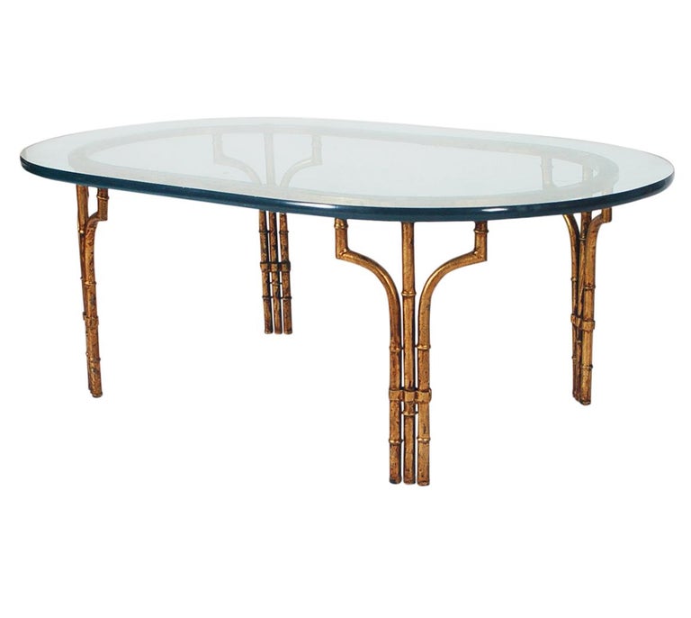 Italian Hollywood Regency Gold Gilt Faux Bamboo & Glass Oval Cocktail Table For Sale 1