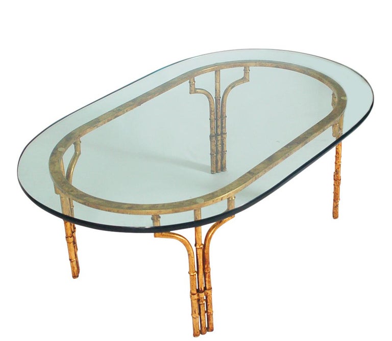 Italian Hollywood Regency Gold Gilt Faux Bamboo & Glass Oval Cocktail Table For Sale 2