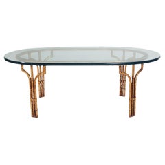 Italian Hollywood Regency Gold Gilt Faux Bamboo & Glass Oval Cocktail Table