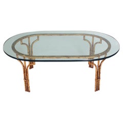 Retro Italian Hollywood Regency Gold Gilt Faux Bamboo & Glass Oval Cocktail Table