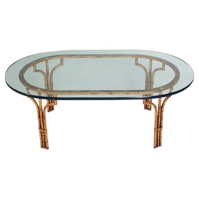 Italian Hollywood Regency Gold Gilt Faux Bamboo & Glass Oval Cocktail Table For Sale
