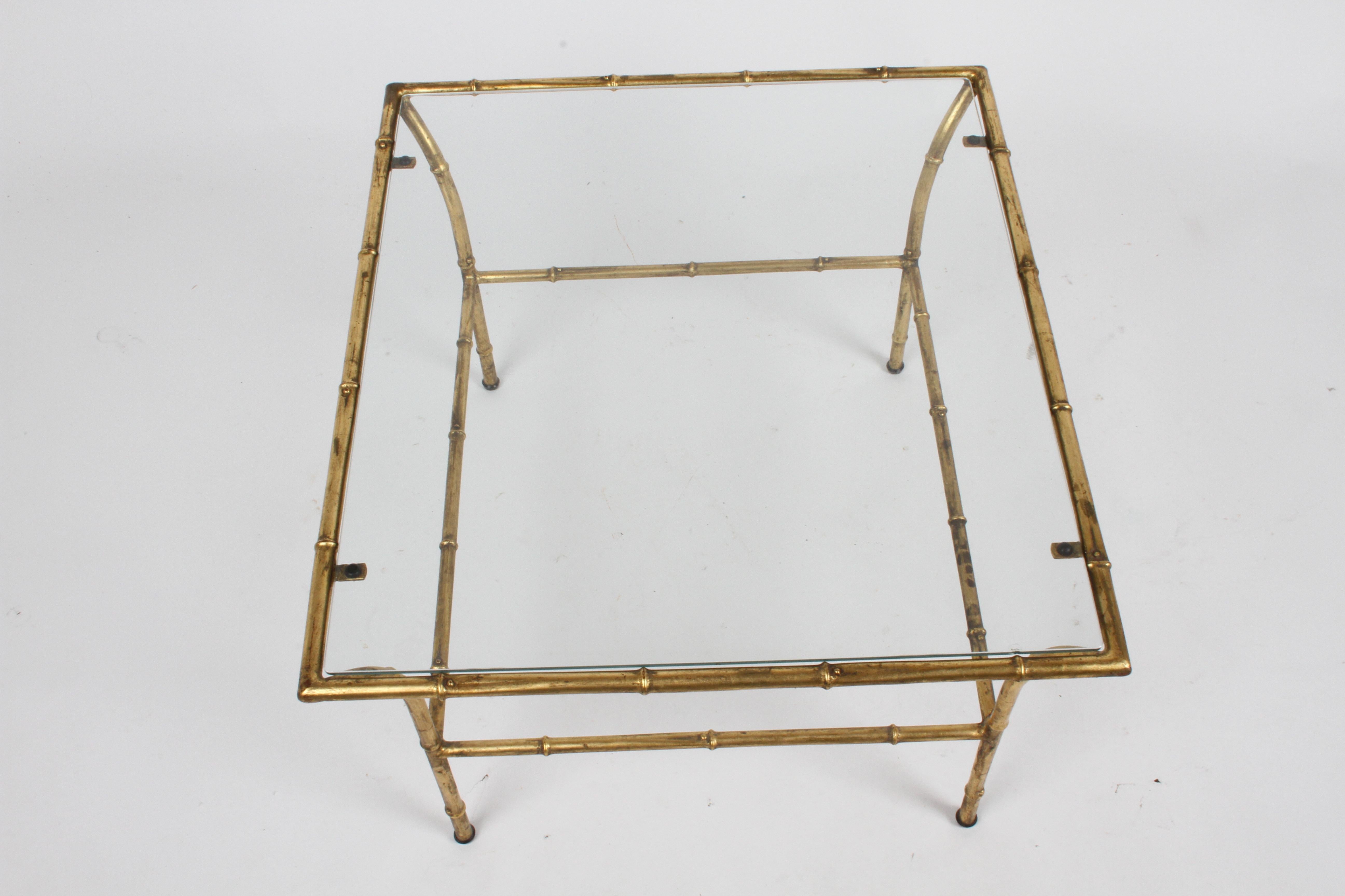 Italian Hollywood Regency Gold Gilt Faux Bamboo Glass Top Side or End Table For Sale 4