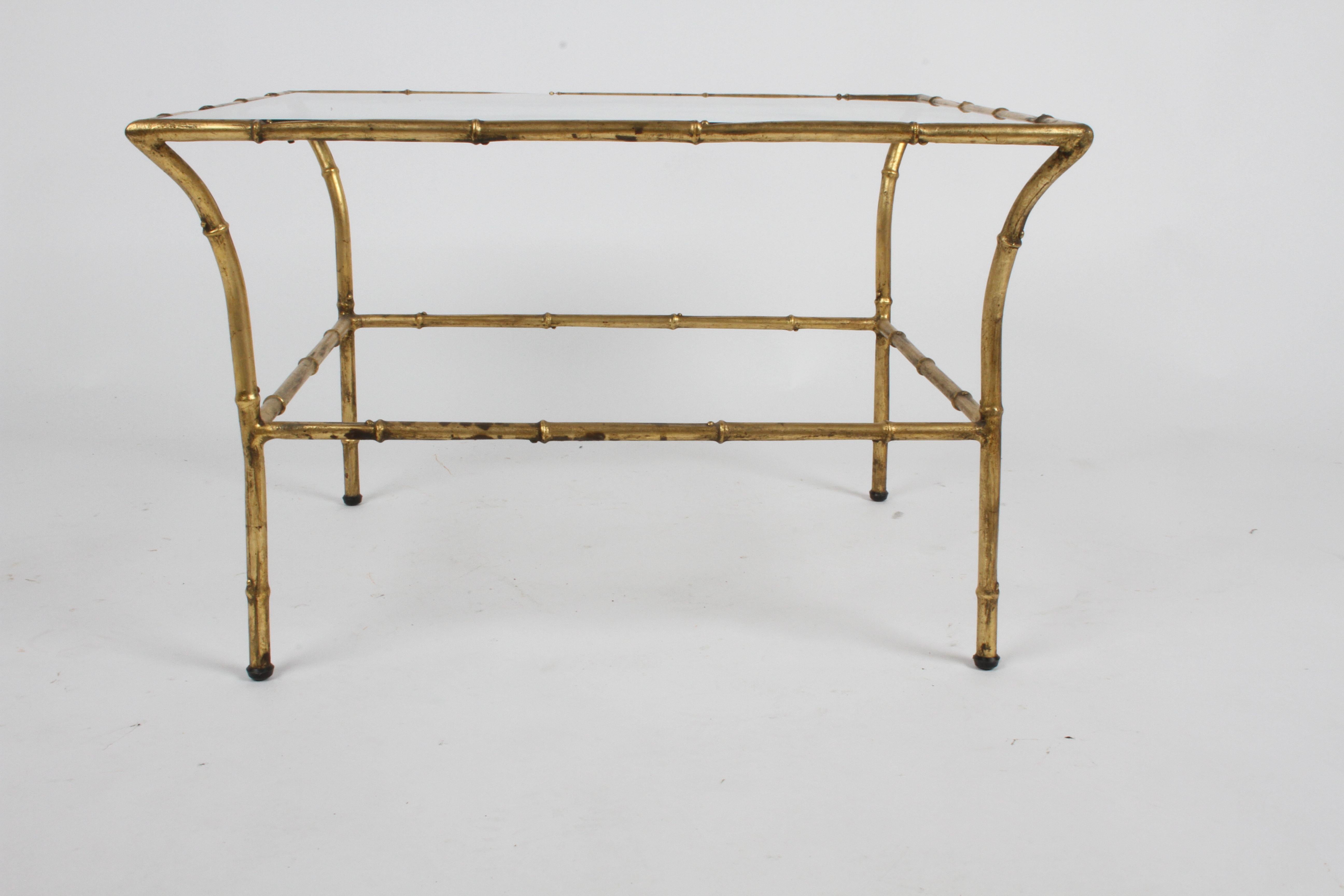 Nice mid-century square gold gilt faux bamboo glass top side, end table or small coffee table made in Italy. Small chip to glass as seen in photo, overall very nice.