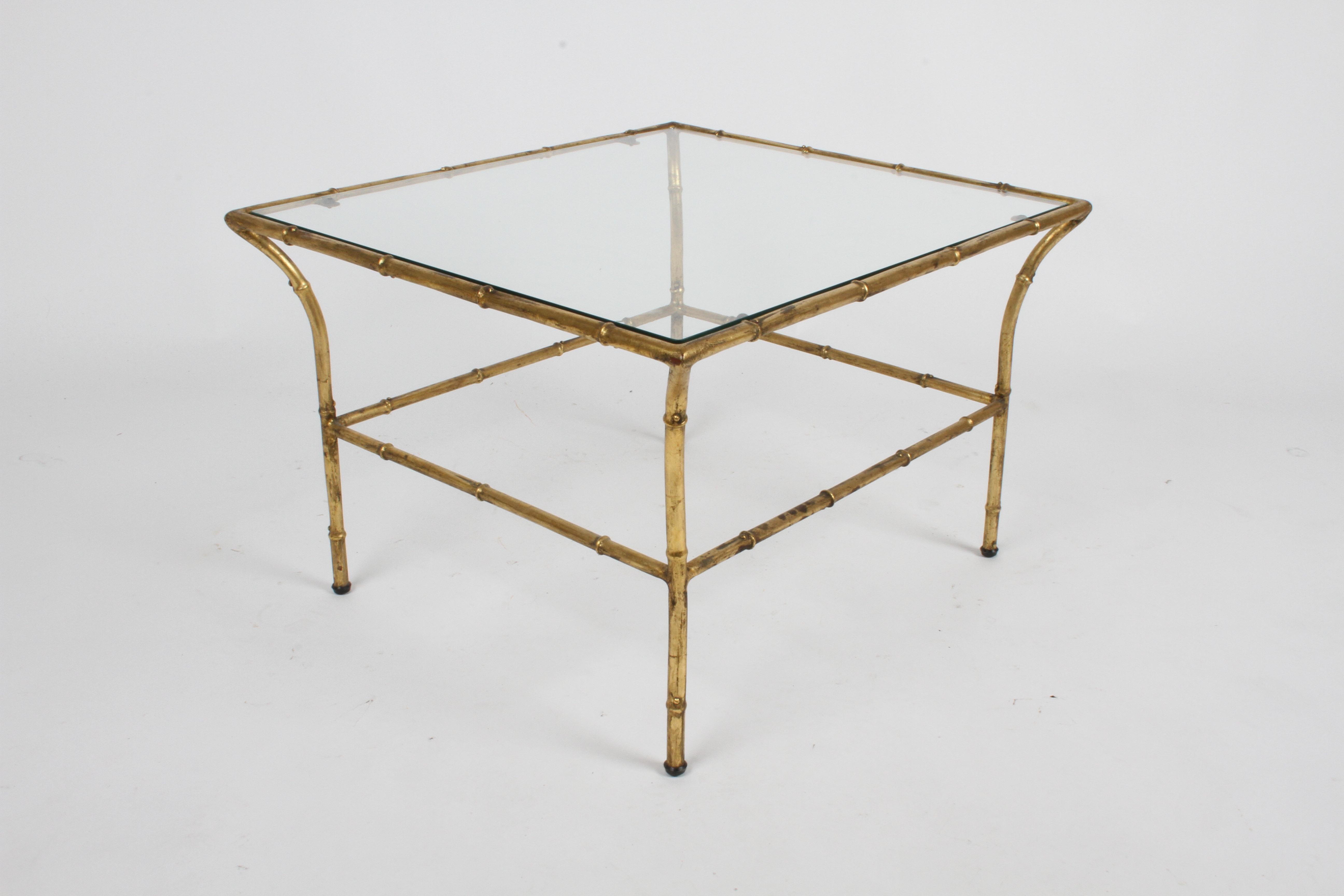 Italian Hollywood Regency Gold Gilt Faux Bamboo Glass Top Side or End Table In Good Condition For Sale In St. Louis, MO