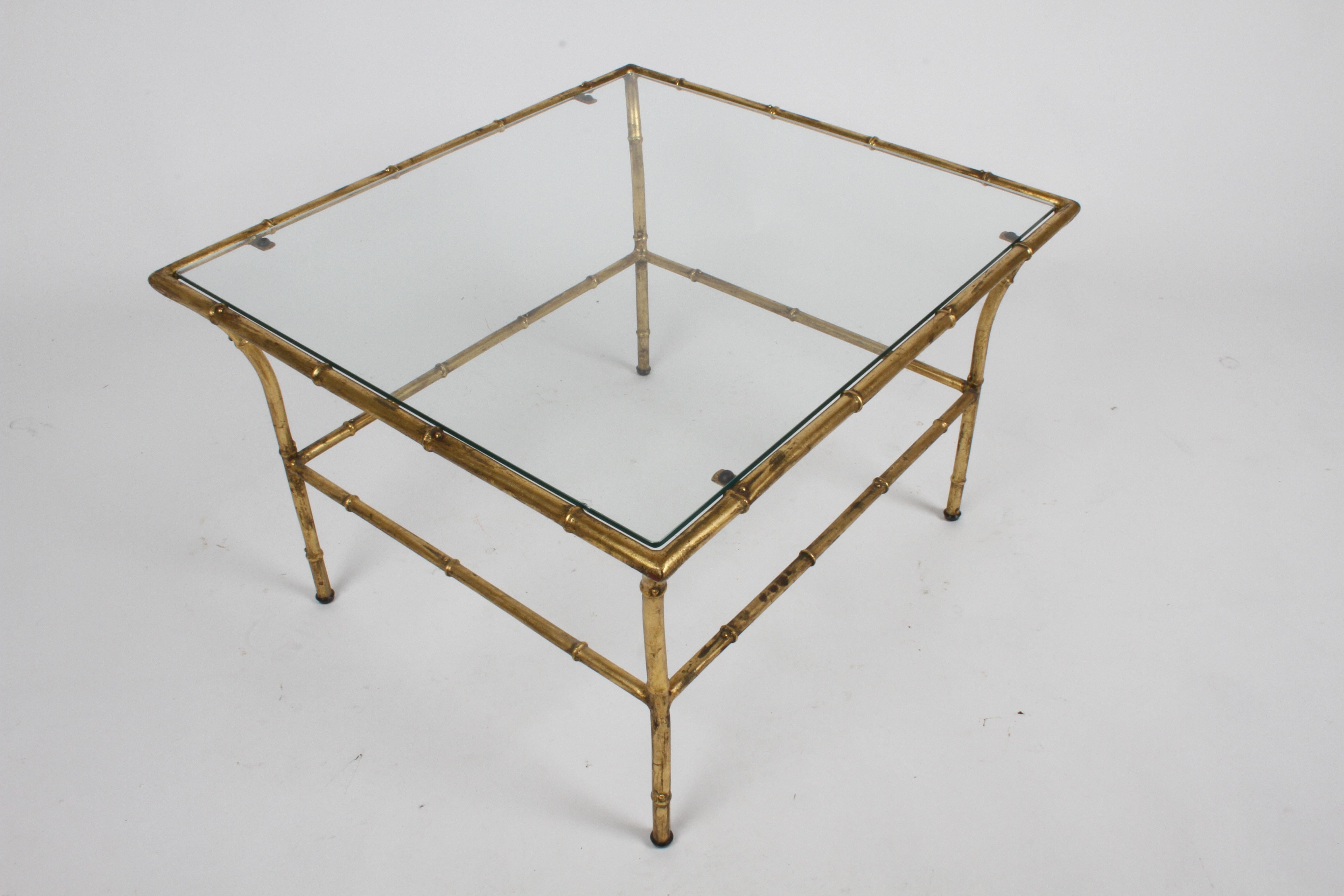 Italian Hollywood Regency Gold Gilt Faux Bamboo Glass Top Side or End Table For Sale 1