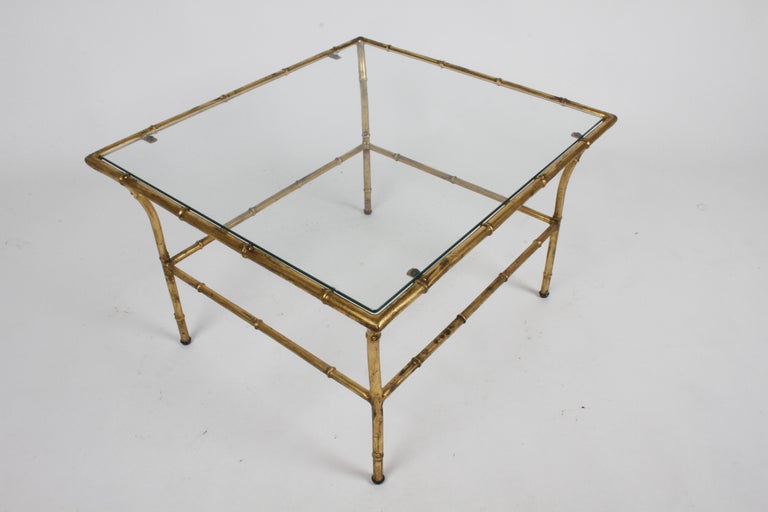 Italian Hollywood Regency Gold Gilt Faux Bamboo Glass Top Side or End Table For Sale 4
