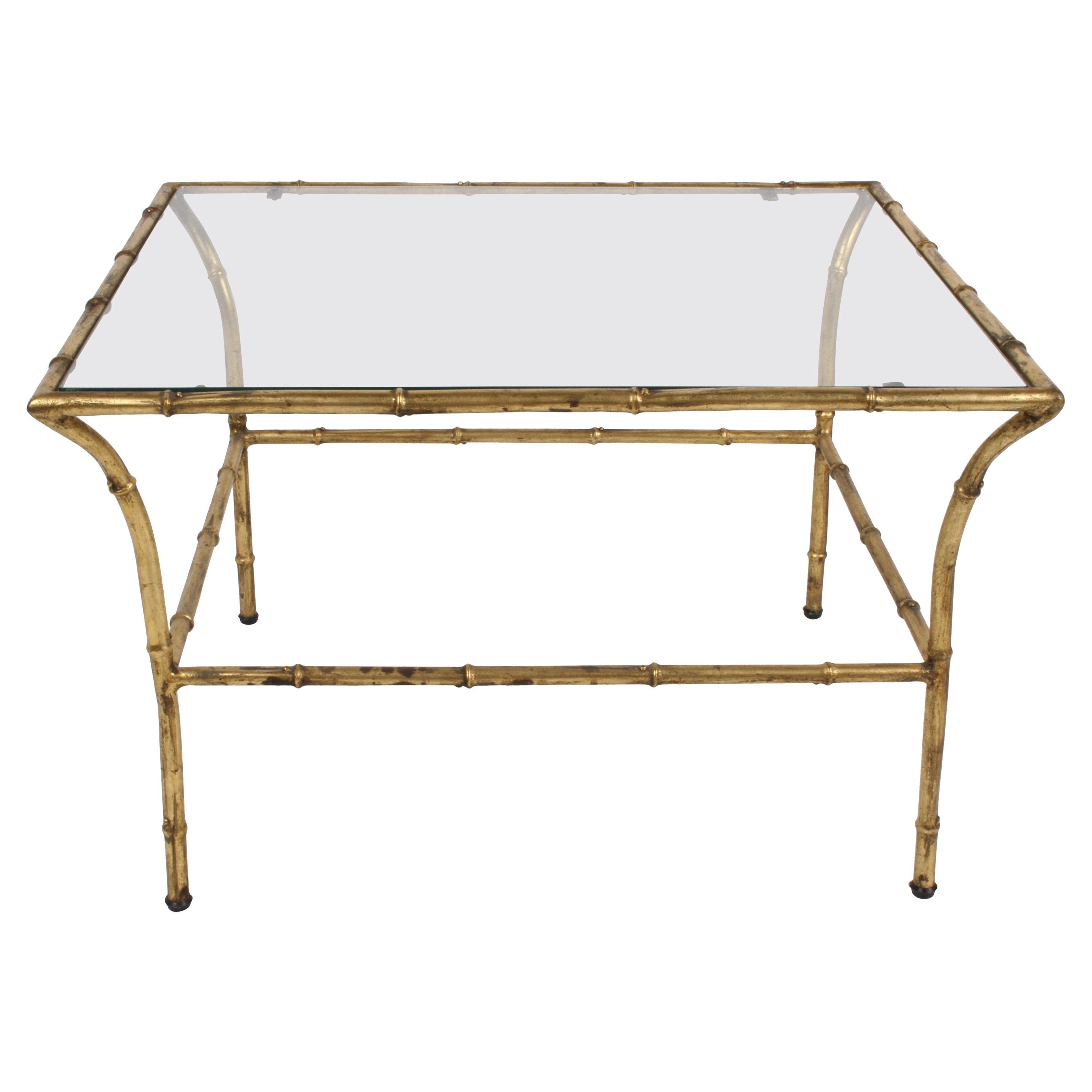 Italian Hollywood Regency Gold Gilt Faux Bamboo Glass Top Side or End Table For Sale