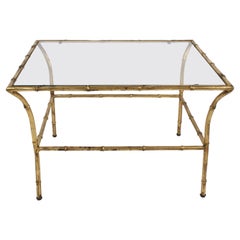 Italian Hollywood Regency Gold Gilt Faux Bamboo Glass Top Side or End Table