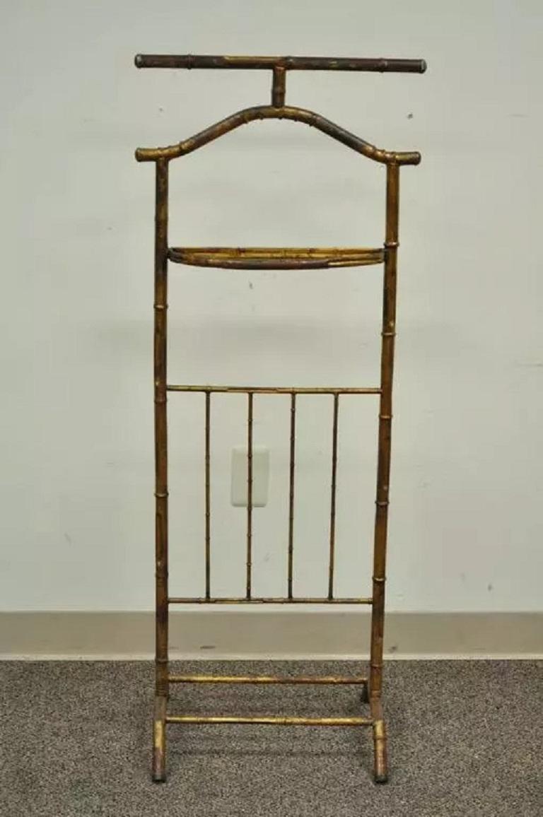 Vintage Italian Hollywood Regency Distressed Gold Gilt Faux Bamboo Tole Metal Clothing Valet. Circa Early 20th Century. Measurements: 48