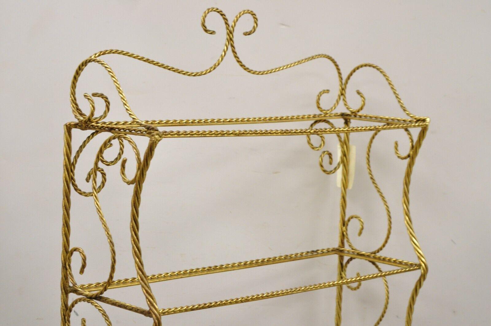 Italian Hollywood Regency Gold Gilt Iron 5 Tier Rope Tassel Etagere Shelf Stand In Good Condition In Philadelphia, PA
