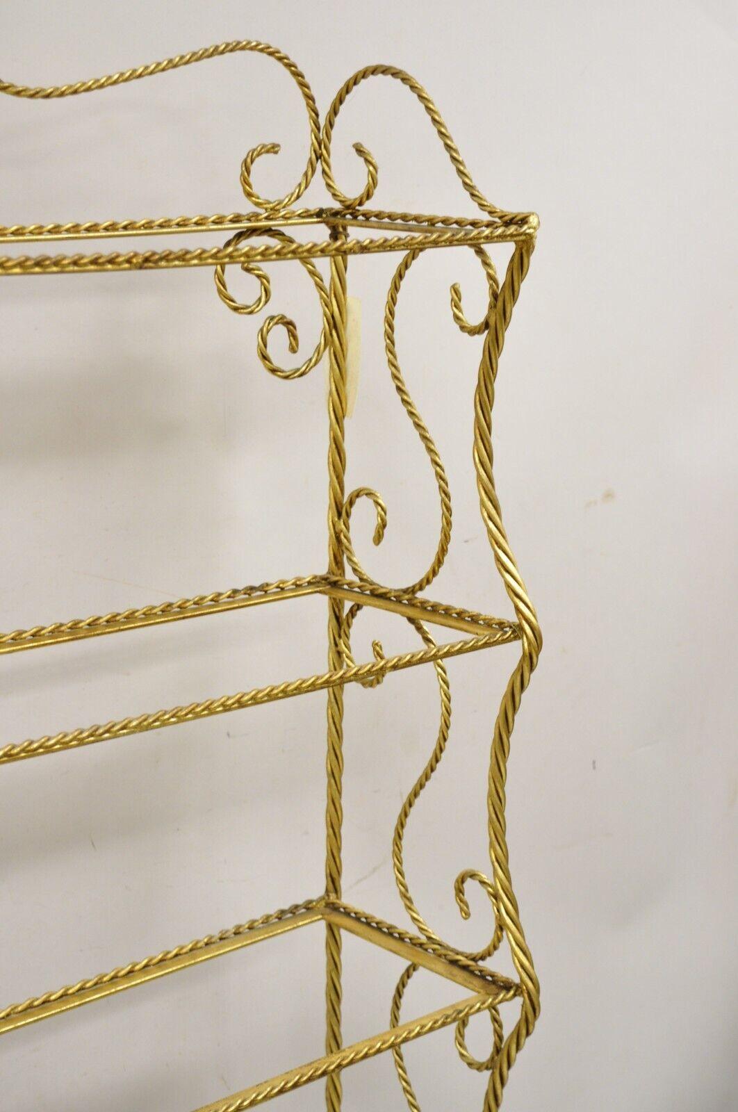 20th Century Italian Hollywood Regency Gold Gilt Iron 5 Tier Rope Tassel Etagere Shelf Stand