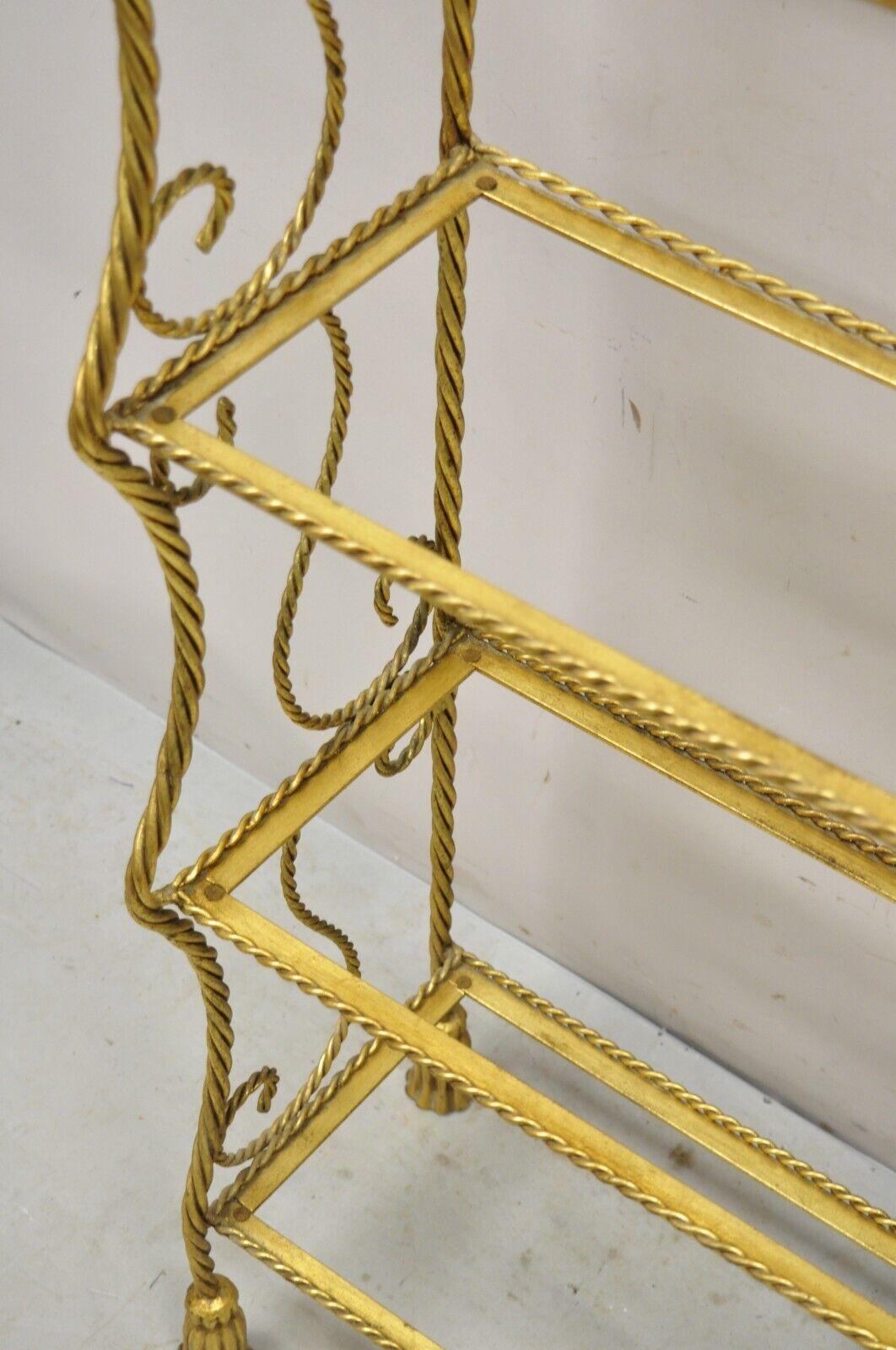 Italian Hollywood Regency Gold Gilt Iron 5 Tier Rope Tassel Etagere Shelf Stand 1