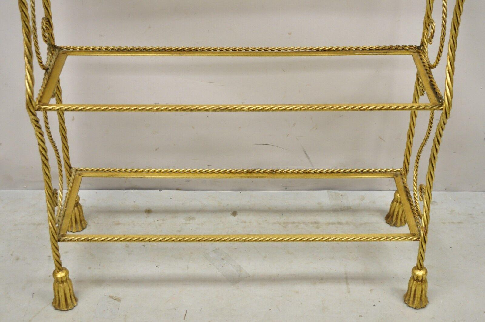 Italian Hollywood Regency Gold Gilt Iron 5 Tier Rope Tassel Etagere Shelf Stand 2