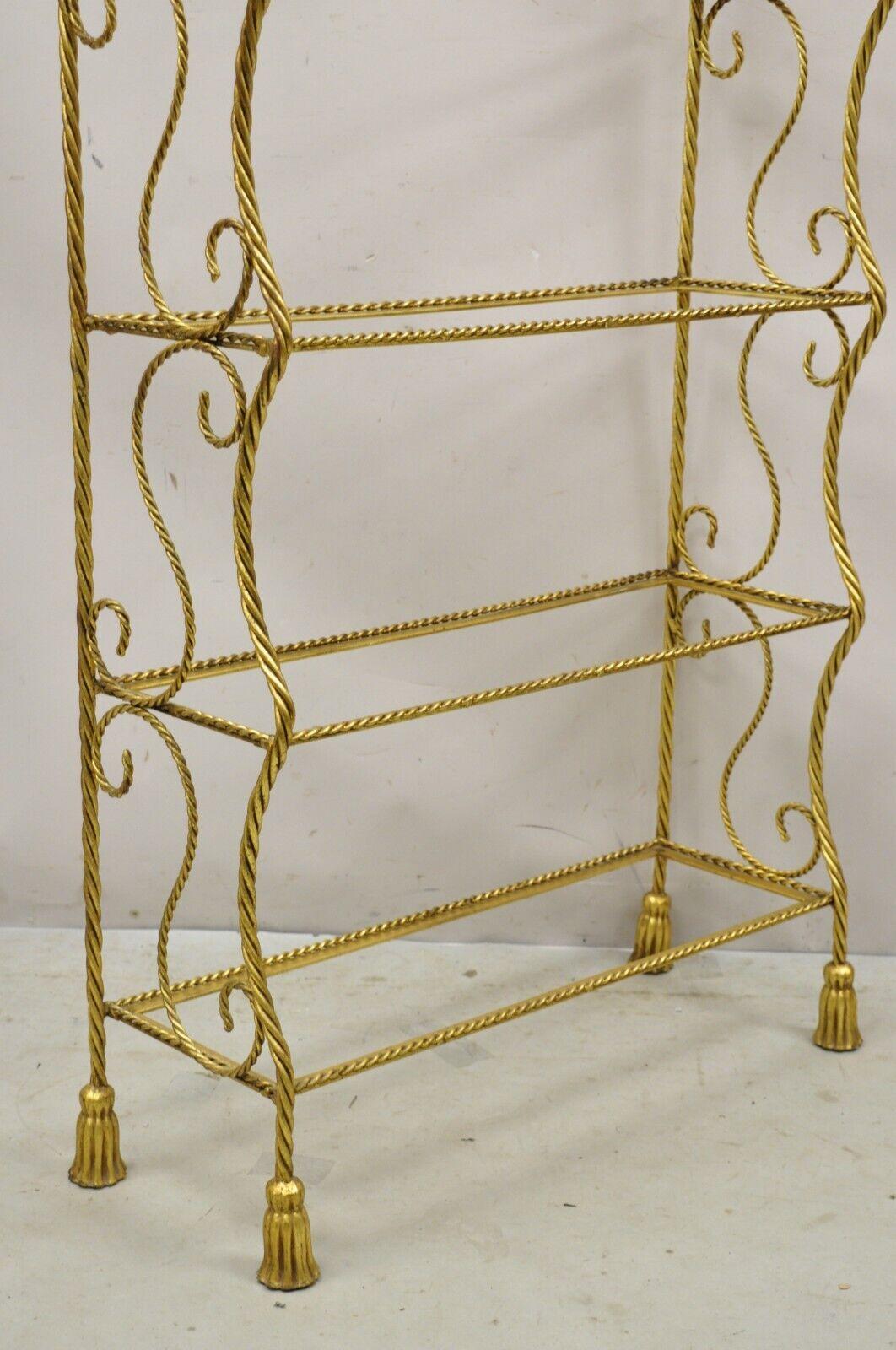 Italian Hollywood Regency Gold Gilt Iron 5 Tier Rope Tassel Etagere Shelf Stand 4