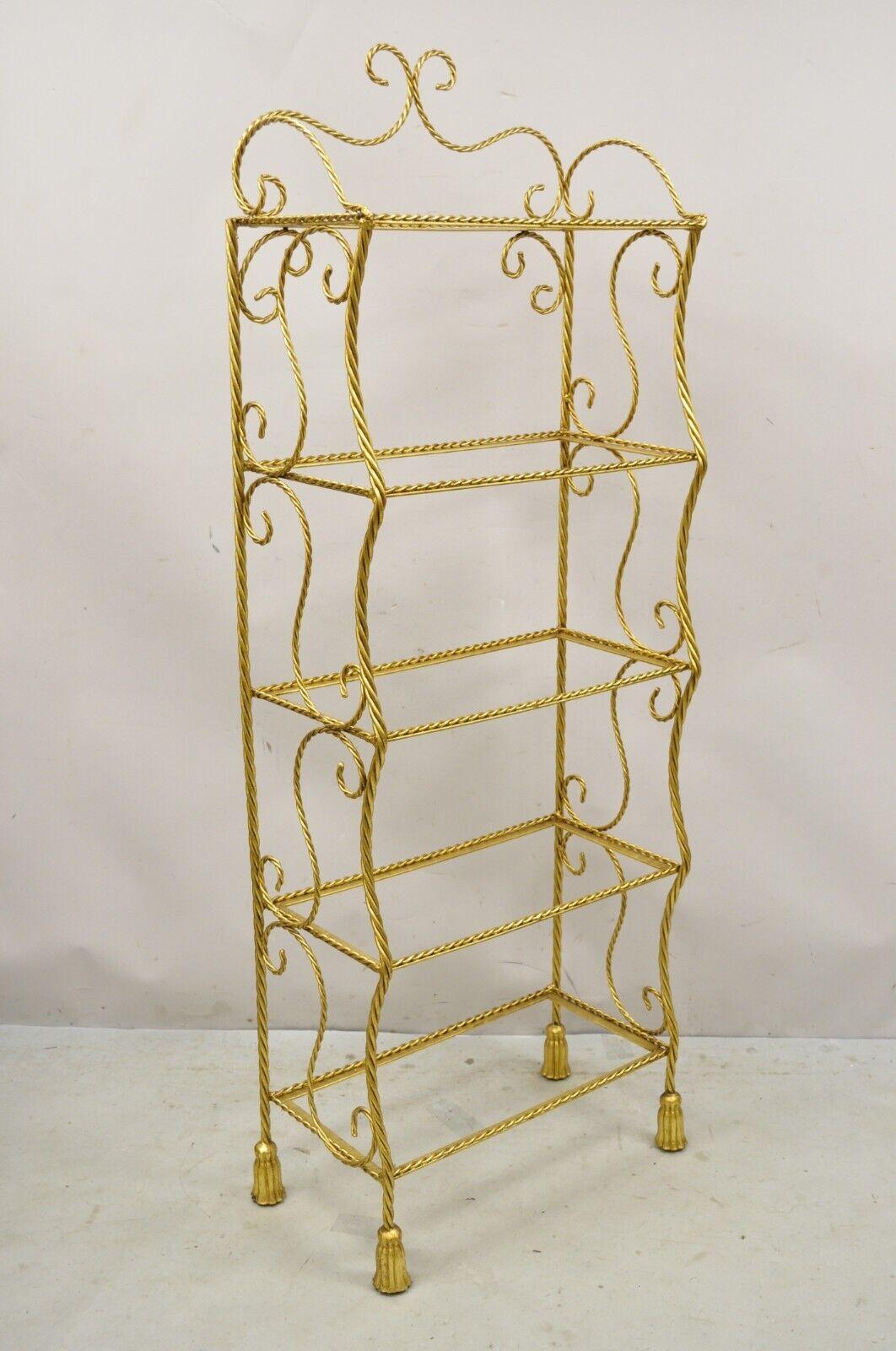 Italian Hollywood Regency Gold Gilt Iron 5 Tier Rope Tassel Narrow Etagere Stand For Sale 5