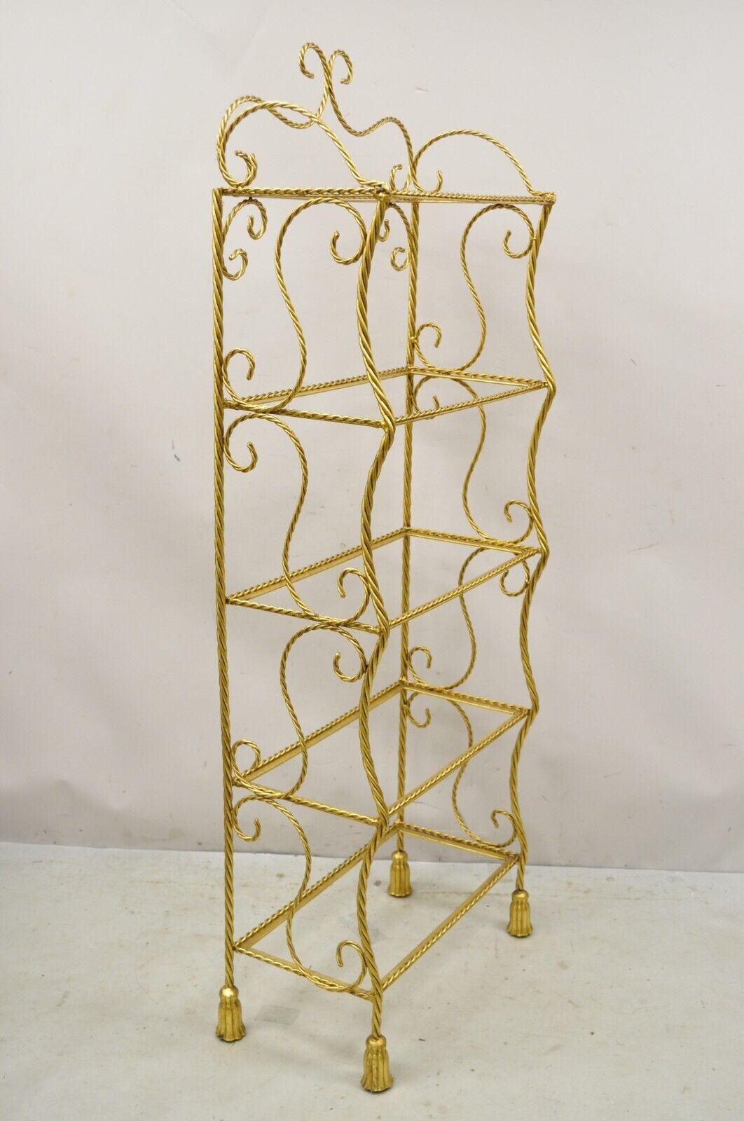 Italian Hollywood Regency Gold Gilt Iron 5 Tier Rope Tassel Narrow Etagere Stand For Sale 6