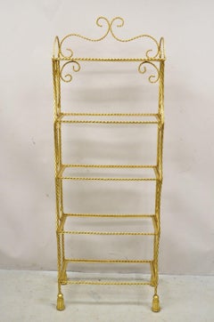 Italian Hollywood Regency Gold Gilt Iron 5 Tier Rope Tassel Narrow Etagere Stand