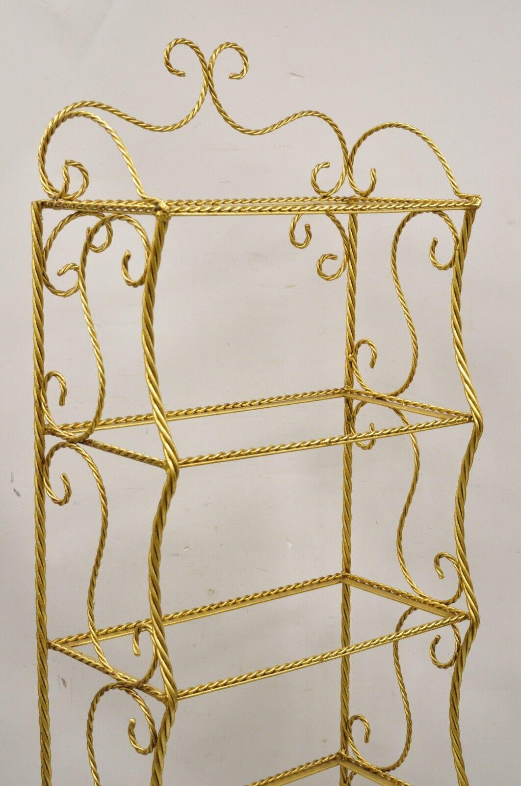 Italian Hollywood Regency Gold Gilt Iron 5 Tier Rope Tassel Narrow Etagere Stand In Good Condition For Sale In Philadelphia, PA