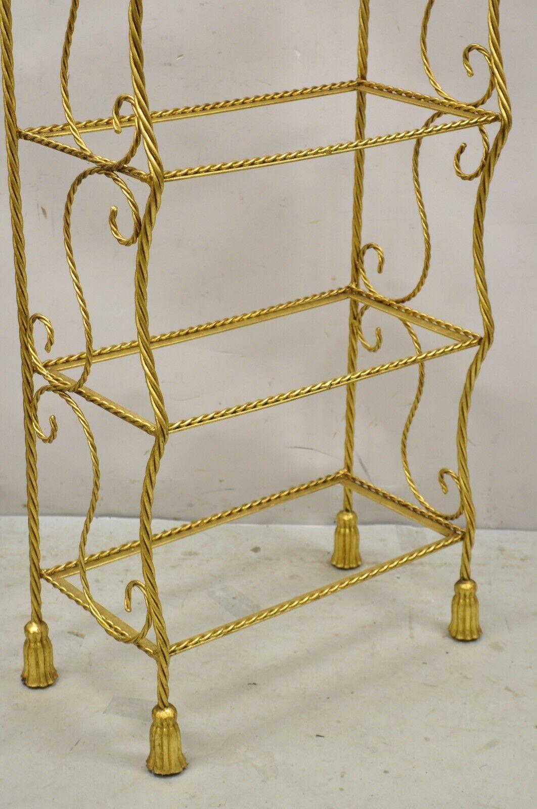 20th Century Italian Hollywood Regency Gold Gilt Iron 5 Tier Rope Tassel Narrow Etagere Stand For Sale