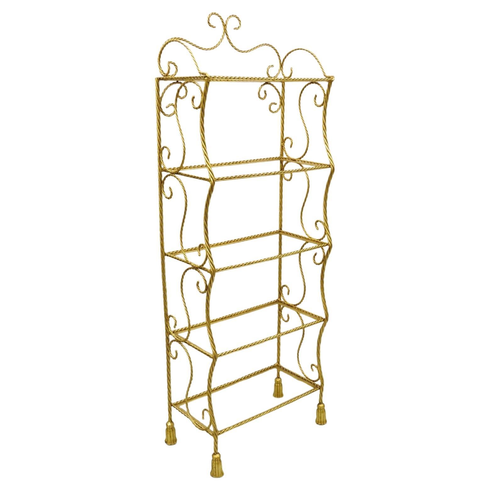 Italian Hollywood Regency Gold Gilt Iron 5 Tier Rope Tassel Narrow Etagere Stand For Sale
