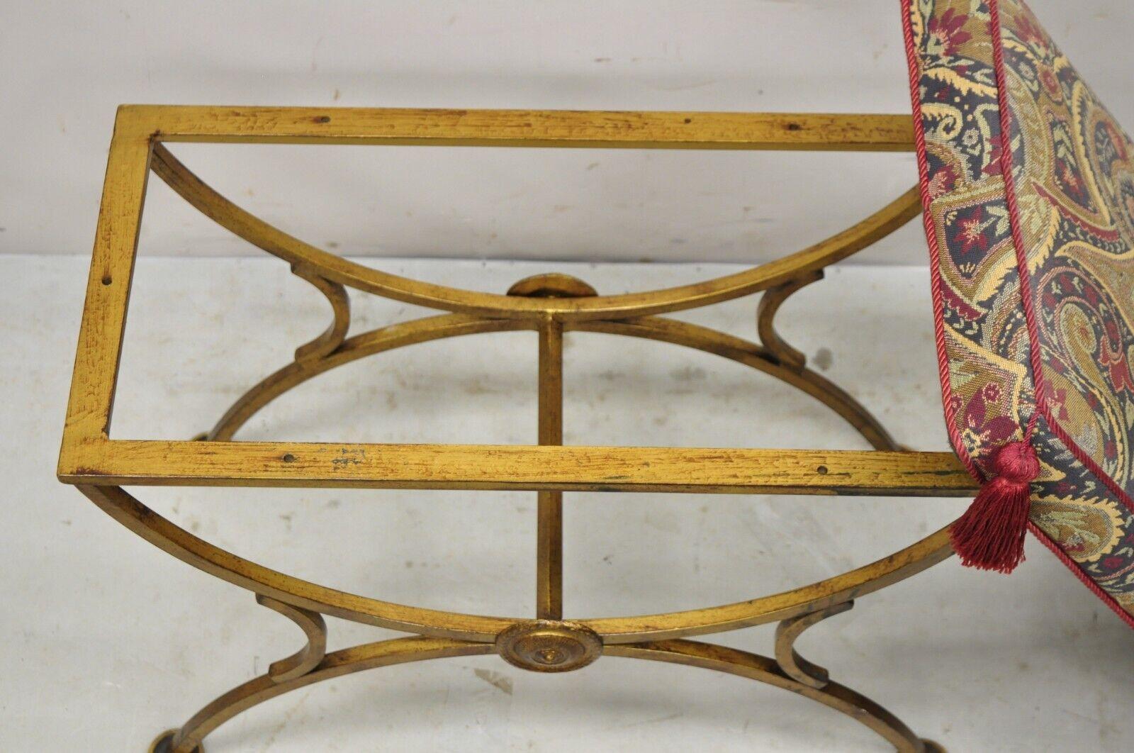 Italian Hollywood Regency Gold Gilt Iron Curule X-Form Vanity Bench Seat Stool In Good Condition In Philadelphia, PA