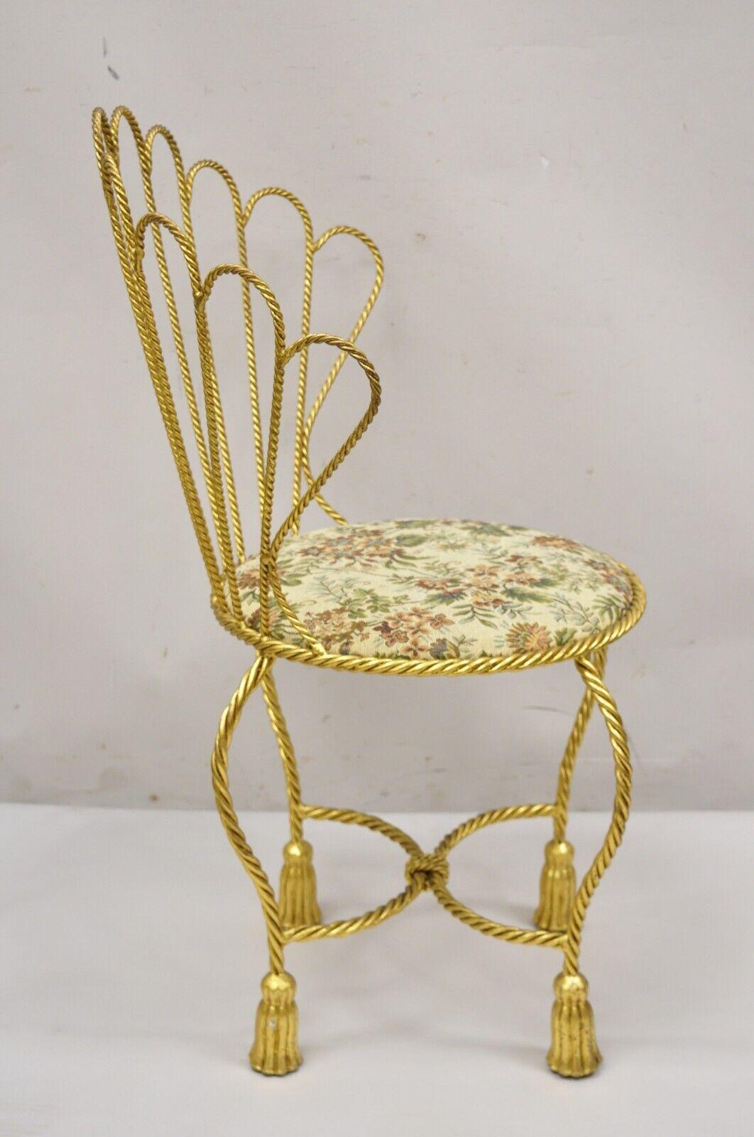 Italian Hollywood Regency Gold Gilt Iron Fan Rope Back Vanity Chair Tassel Feet 6