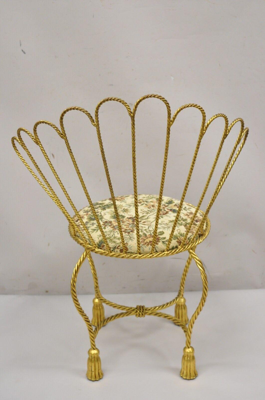 Italian Hollywood Regency Gold Gilt Iron Fan Rope Back Vanity Chair Tassel Feet 7