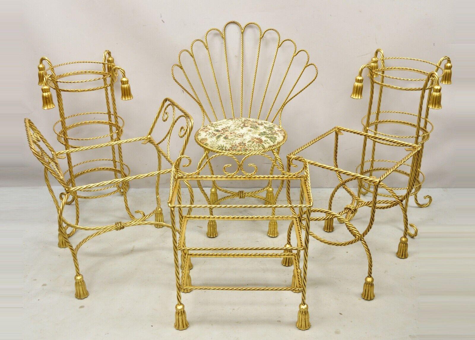 Italian Hollywood Regency Gold Gilt Iron Fan Rope Back Vanity Chair Tassel Feet 8