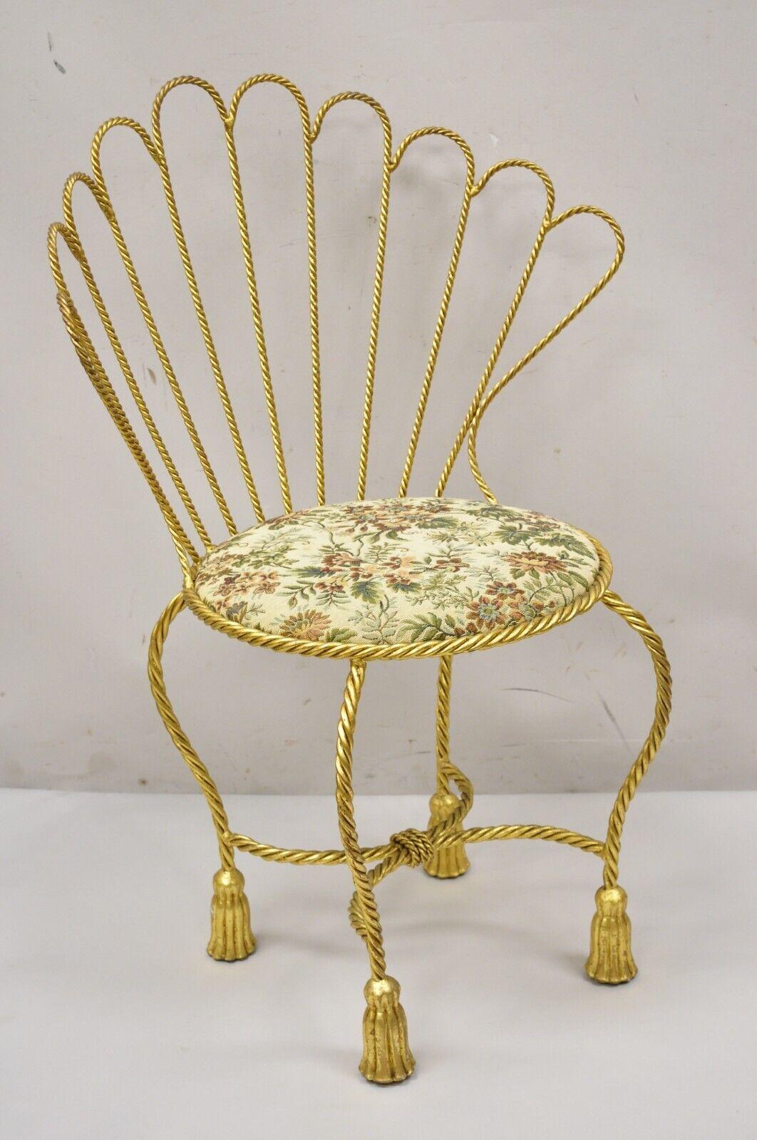 Italian Hollywood Regency gold gilt iron fan rope back vanity chair tassel Feet. Item features Tassel form feet, fan back, 