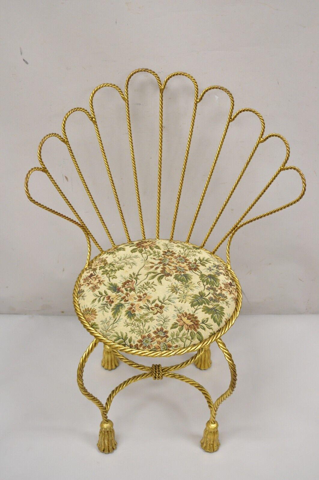 Italian Hollywood Regency Gold Gilt Iron Fan Rope Back Vanity Chair Tassel Feet In Good Condition In Philadelphia, PA