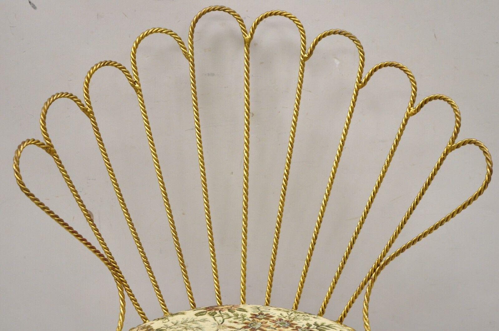 20th Century Italian Hollywood Regency Gold Gilt Iron Fan Rope Back Vanity Chair Tassel Feet