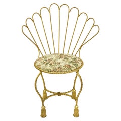 Vintage Italian Hollywood Regency Gold Gilt Iron Fan Rope Back Vanity Chair Tassel Feet