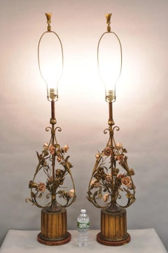 Italian Hollywood Regency Gold Gilt Iron Metal Pink Rose Tall Table Lamps Pair
