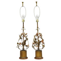 Italian Hollywood Regency Gold Gilt Iron Metal Pink Rose Tall Table Lamps Pair