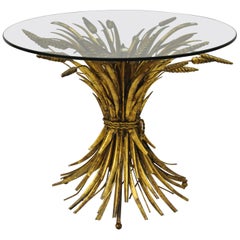 Italian Hollywood Regency Gold Gilt Iron Metal Wheat Sheaf Small Side Table